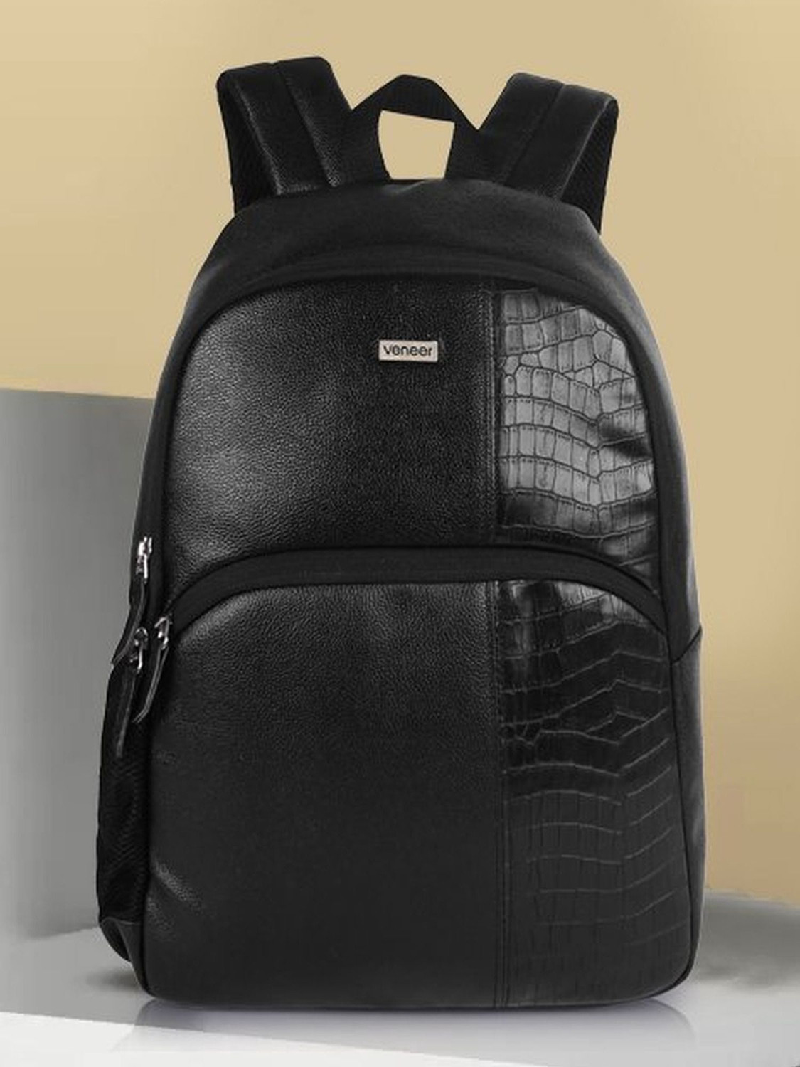 Veneer Medium 25 L Laptop Backpack Classy Vegan Leather Croco Fusion Business Office College Travel Unisex (Black) - Image 1