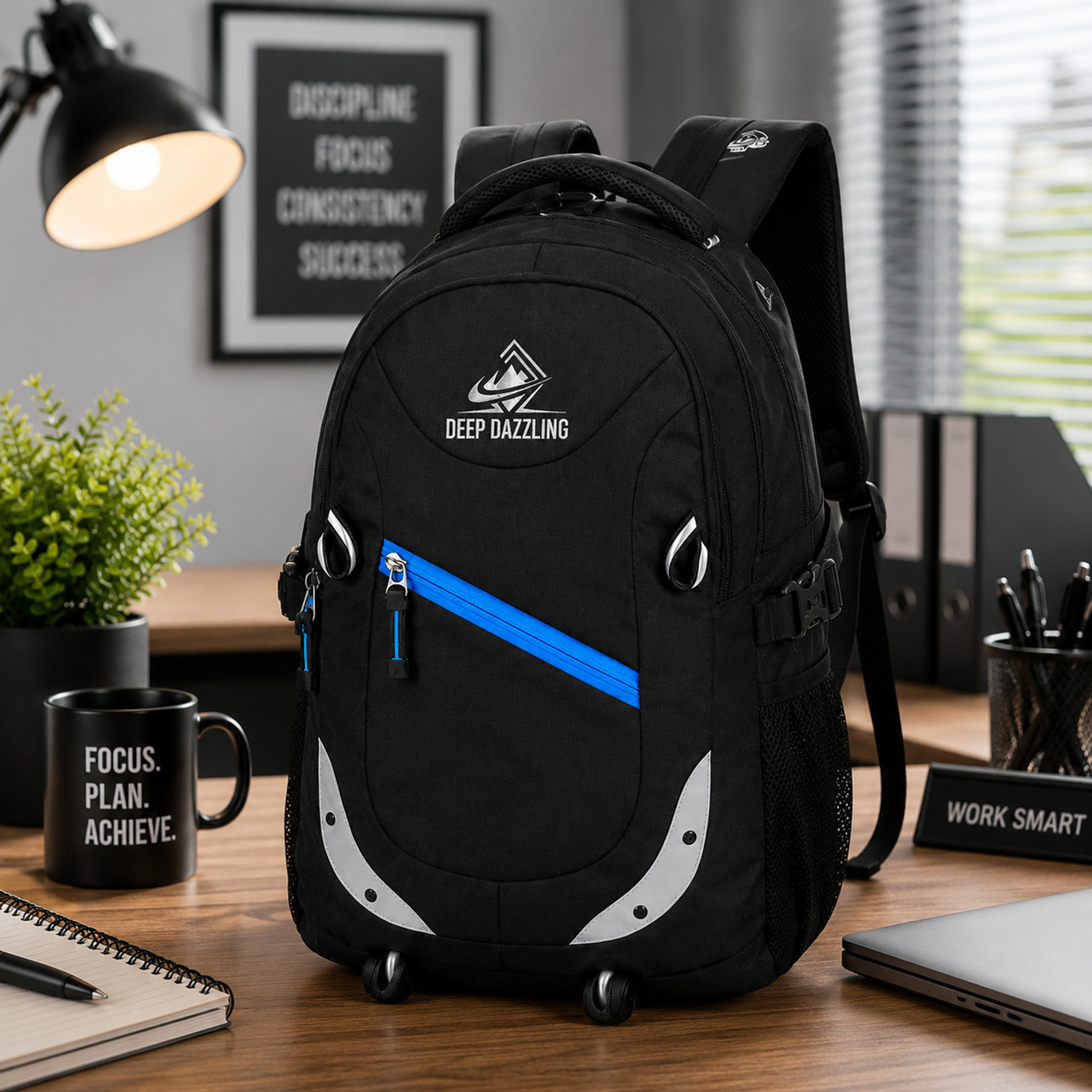 DEEP DAZZLING Large 35 L Laptop Backpack Spacy Unisex Office School Bag With Rain Cover And Reflective Strip. (Black, Blue) - Image 1