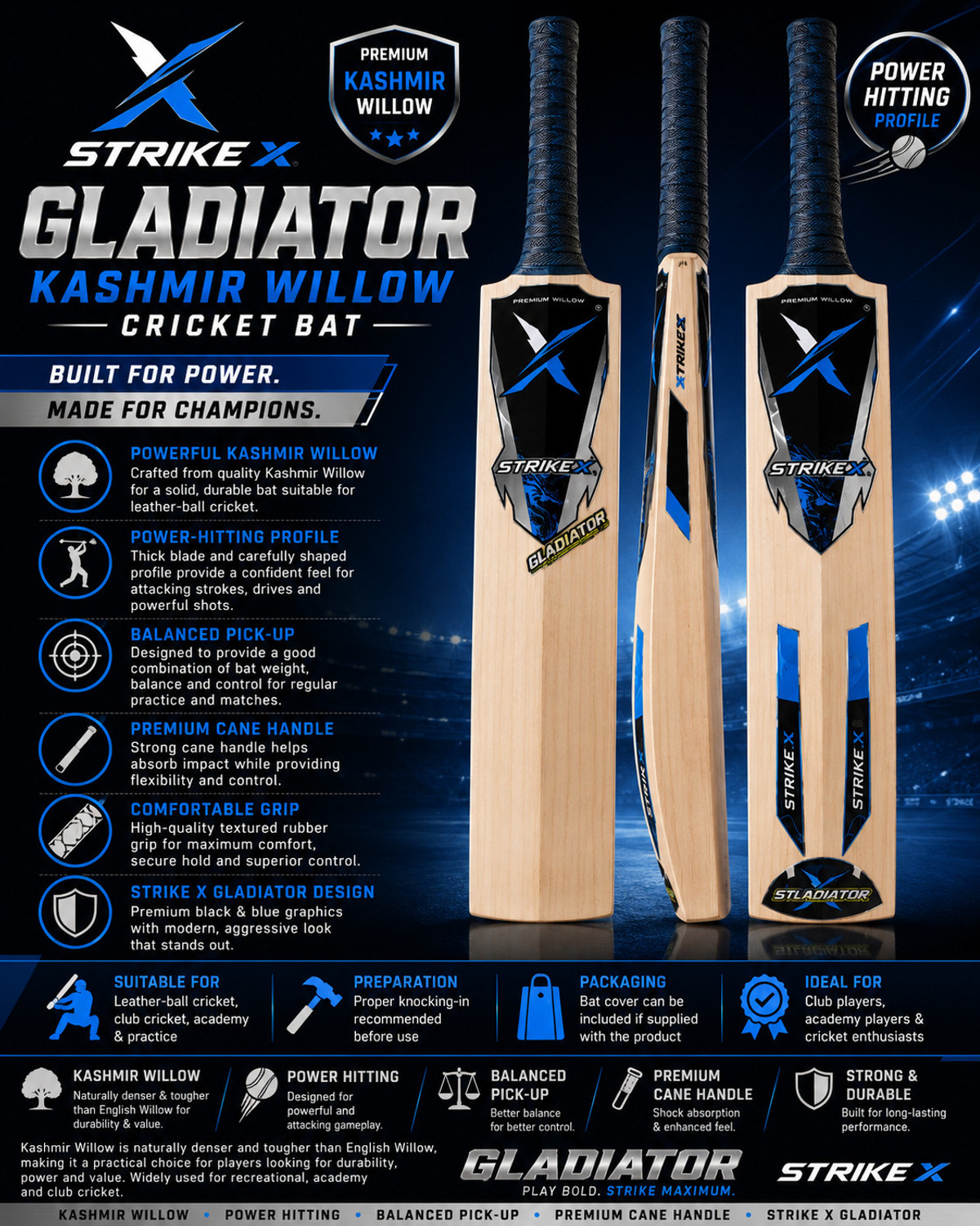 STRIKEX Gladiator Kashmir Willow Cricket Bat (900-1000g) - Image 1