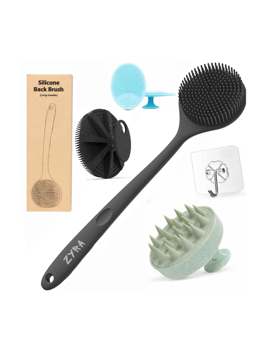 Zyra Silicone Back Scrubber Long Handle Bath Brush - Image 1