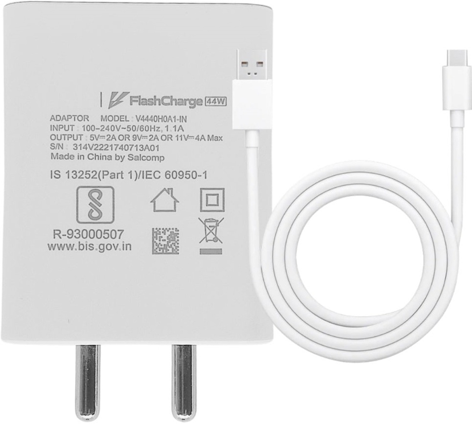 vivo 44 W Quick Charge 4 A Wall Charger for Mobile with Detachable Cable (White, Cable Included) - Image 1