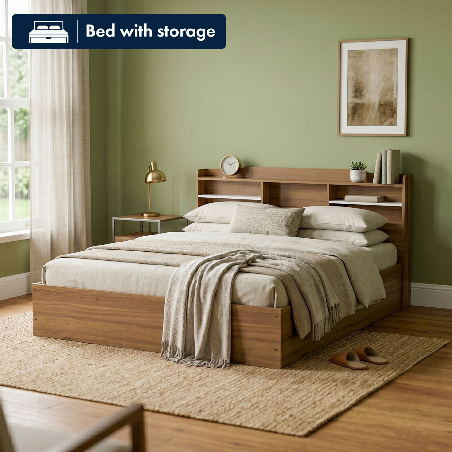 NEUDOT TATUM Engineered Wood King Box Bed, 217 cm x 194 cm (7.12 ft x 6.36 ft) (Finish Color - TEAK, Delivery Condition - Knock Down) - Image 1