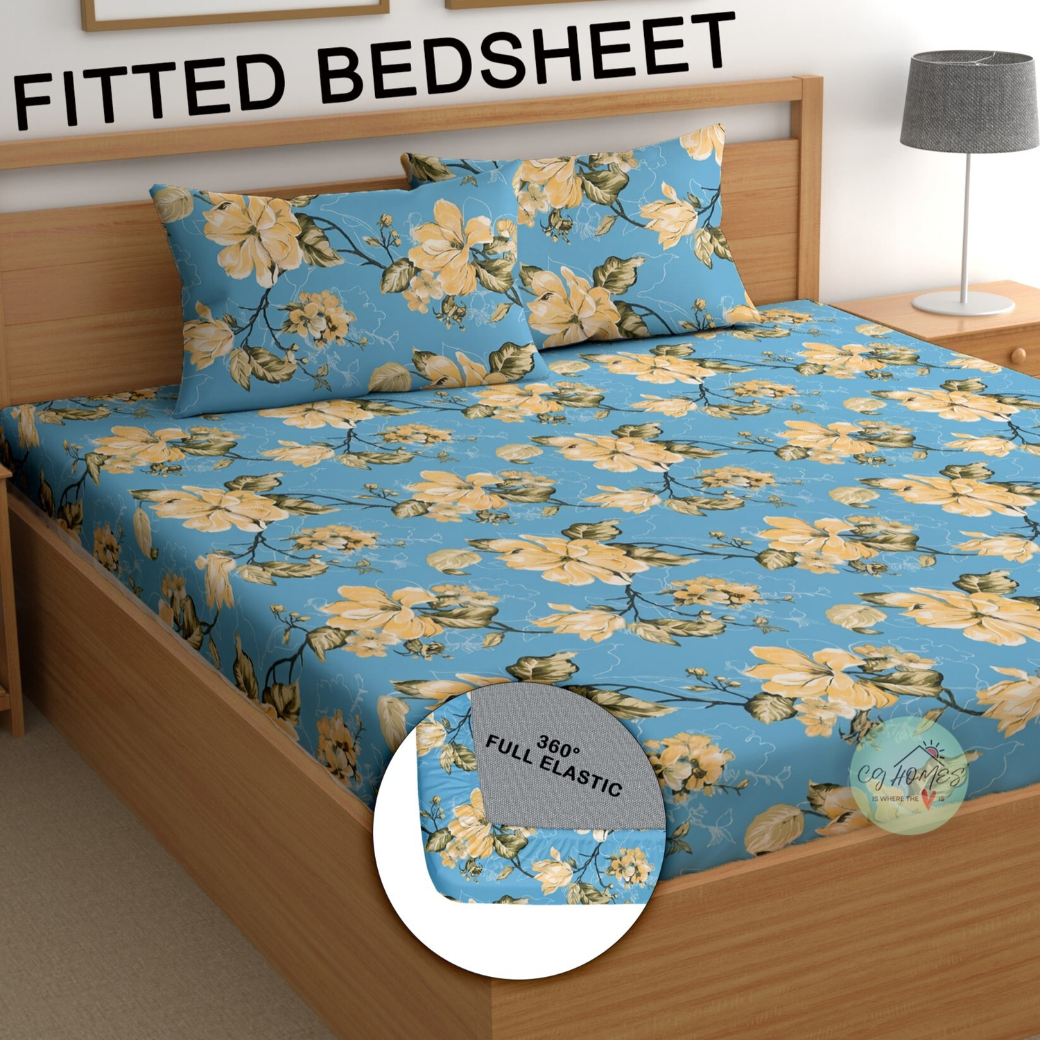 CG Homes Cotton Double Fitted (Elastic) 180 TC Floral 1 Bedsheet with 2 Pillow Covers (Sky Blue) - Image 1