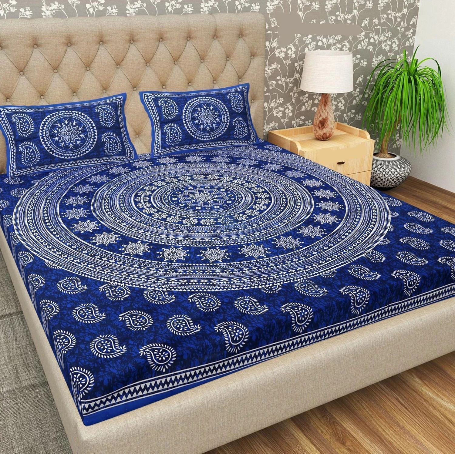 BharatLinen Cotton King Flat 144 TC Jaipuri Prints 1 Summer Bedsheet with 2 Pillow Covers (Blue) - Image 1