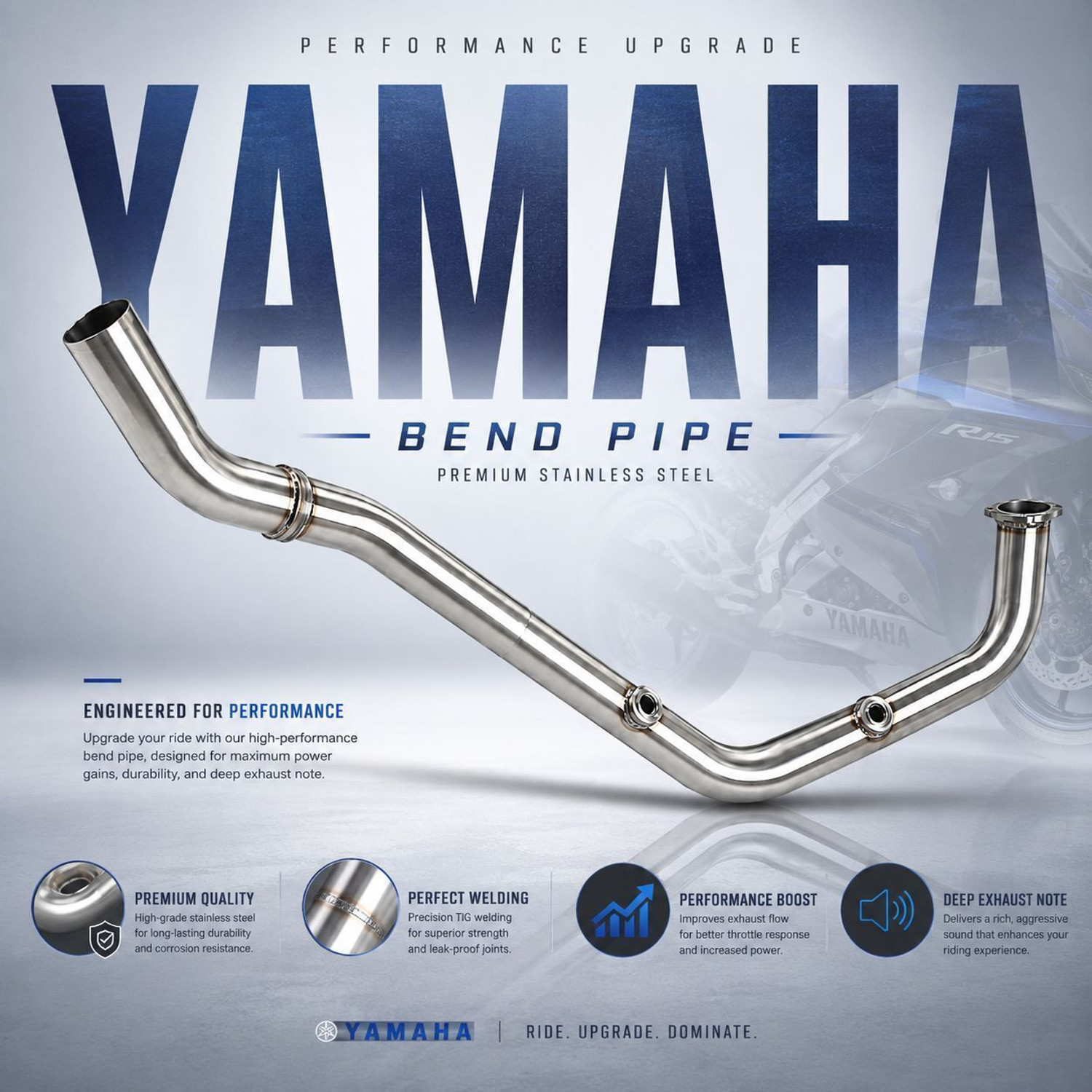 R4 RIDER Bike Bend Pipe Double Sensor Stainless Steel for Yamaha R15-MT15 V3 | V4 Modelâs Yamaha R15 Full Exhaust System (Stainless Steel) - Image 1