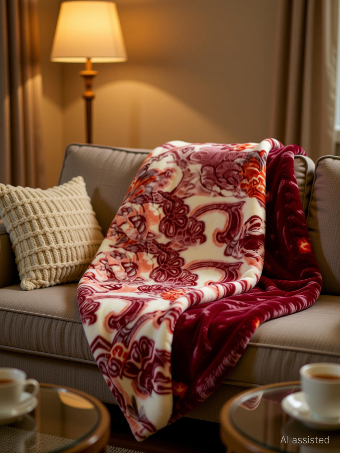 MAGICAL Floral King Mink Blanket Maroon - Image 1
