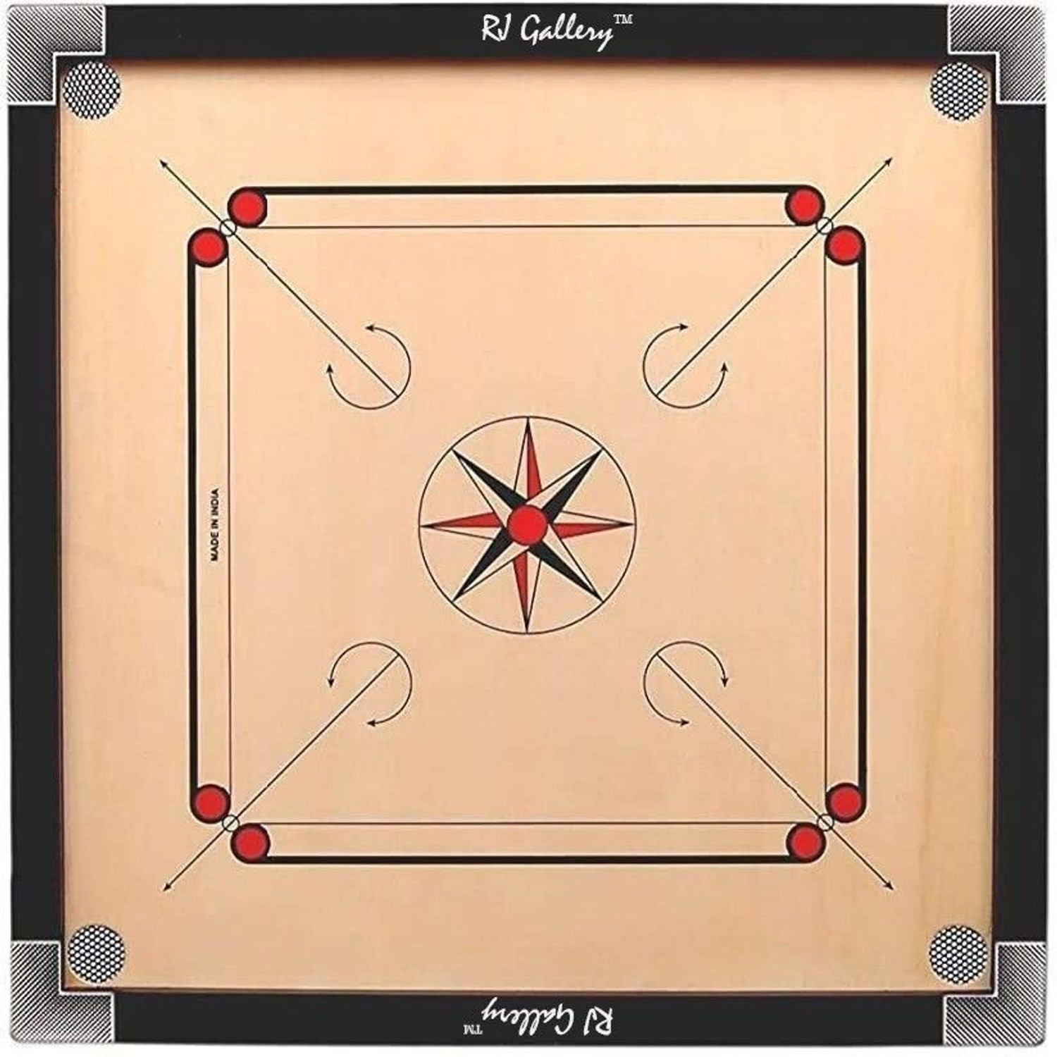 RJ Gallery Wooden 32 Inches Large Size with Crystal Coins, Striker and Powder 81 cm Carrom Board (Beige, Black) - Image 1