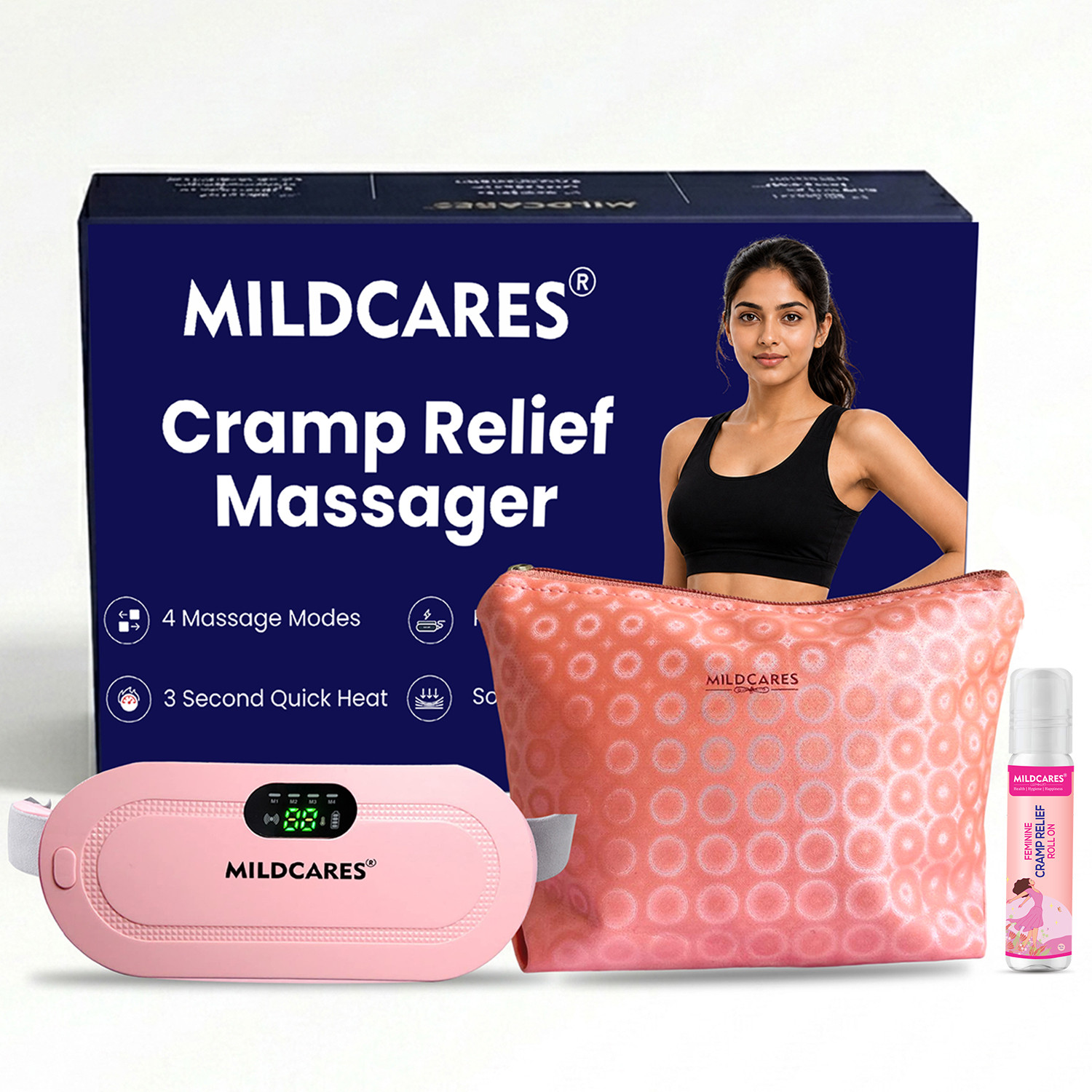 MILDCARES Period Pain Relief Massager | Rechargeable Heating Pad Belt & New Carry Pouch Plaster & Patch (2 x 0.5 Units) - Image 1