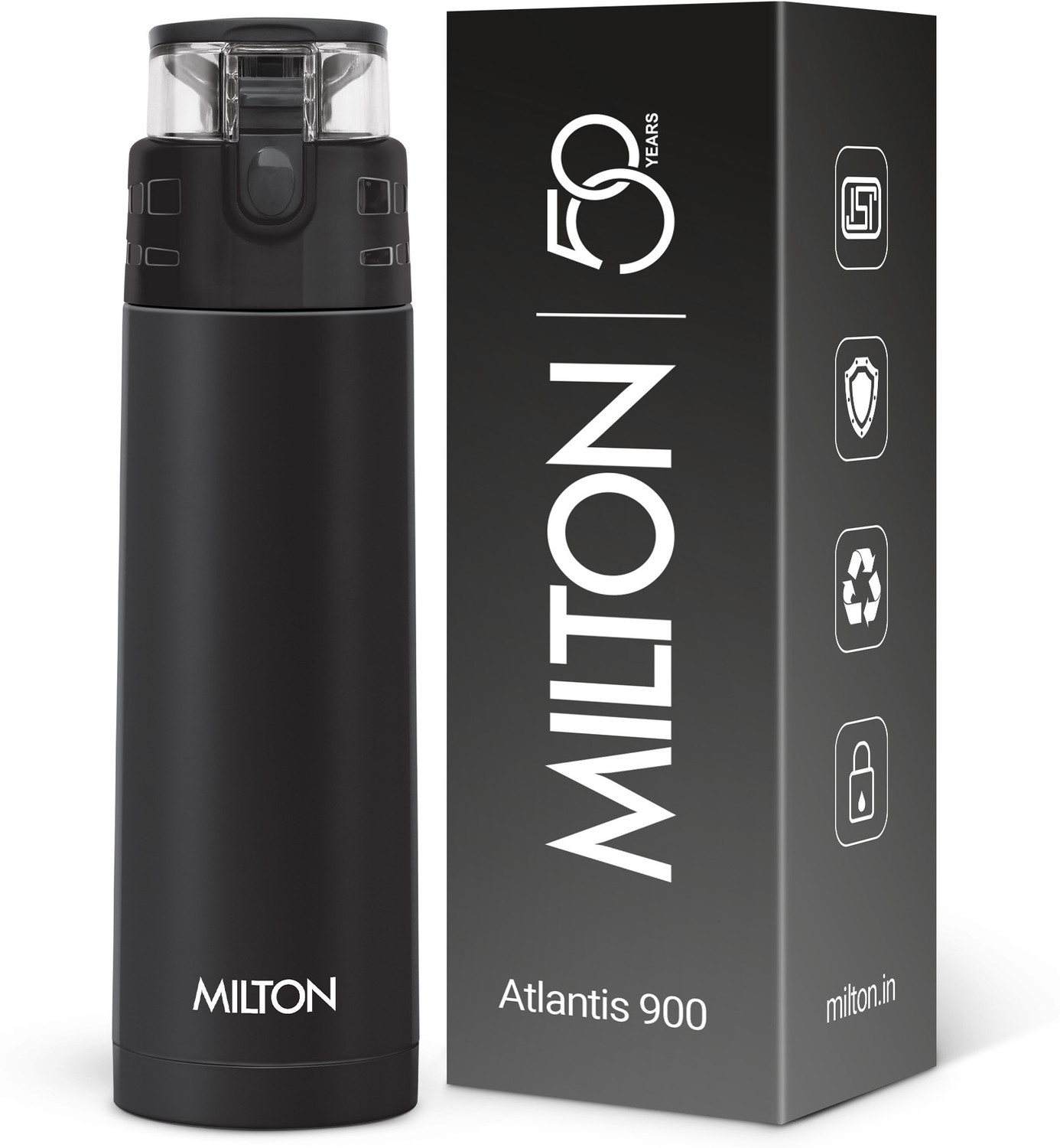 MILTON Atlantis 900 Thermosteel Water Bottle, ISI Certified, 24 Hr Hot and Cold 750 ml Steel Flask (Pack of 1, Black) - Image 1