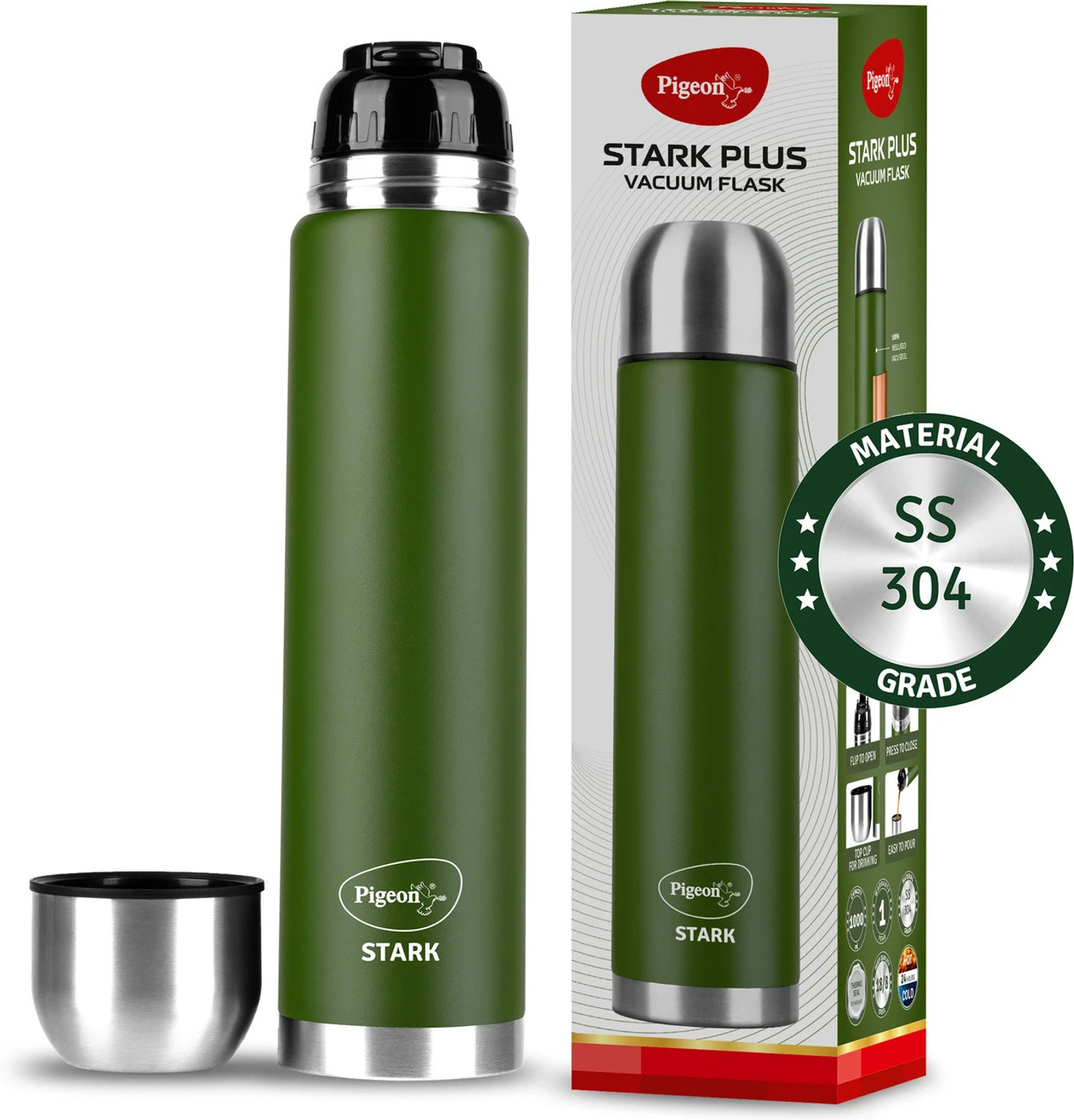 Pigeon 24 Hrs Hot & Cold Therminox Vaccum Insulated 1000 ml Steel Flask (Pack of 1, Green) - Image 1
