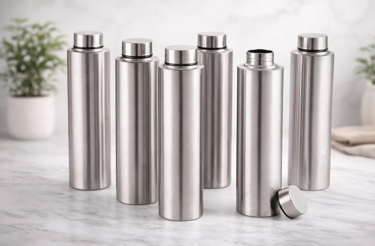 RAMESHENTERPRISES Steel Water Bottle Set of 6, 900ml, Silver - Image 1