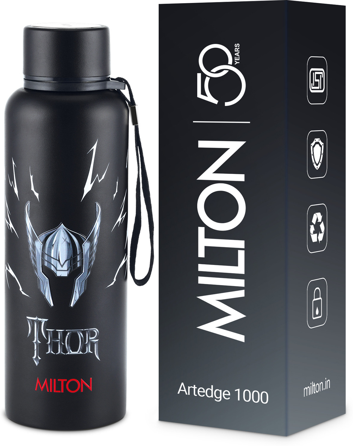 MILTON Marvel Artedge 1000 Thermosteel ISI Certified Water Bottle 1000 ml, BLACK THOR 1000 ml Stainless Steel Bottle (Pack of 1, Black) - Image 1