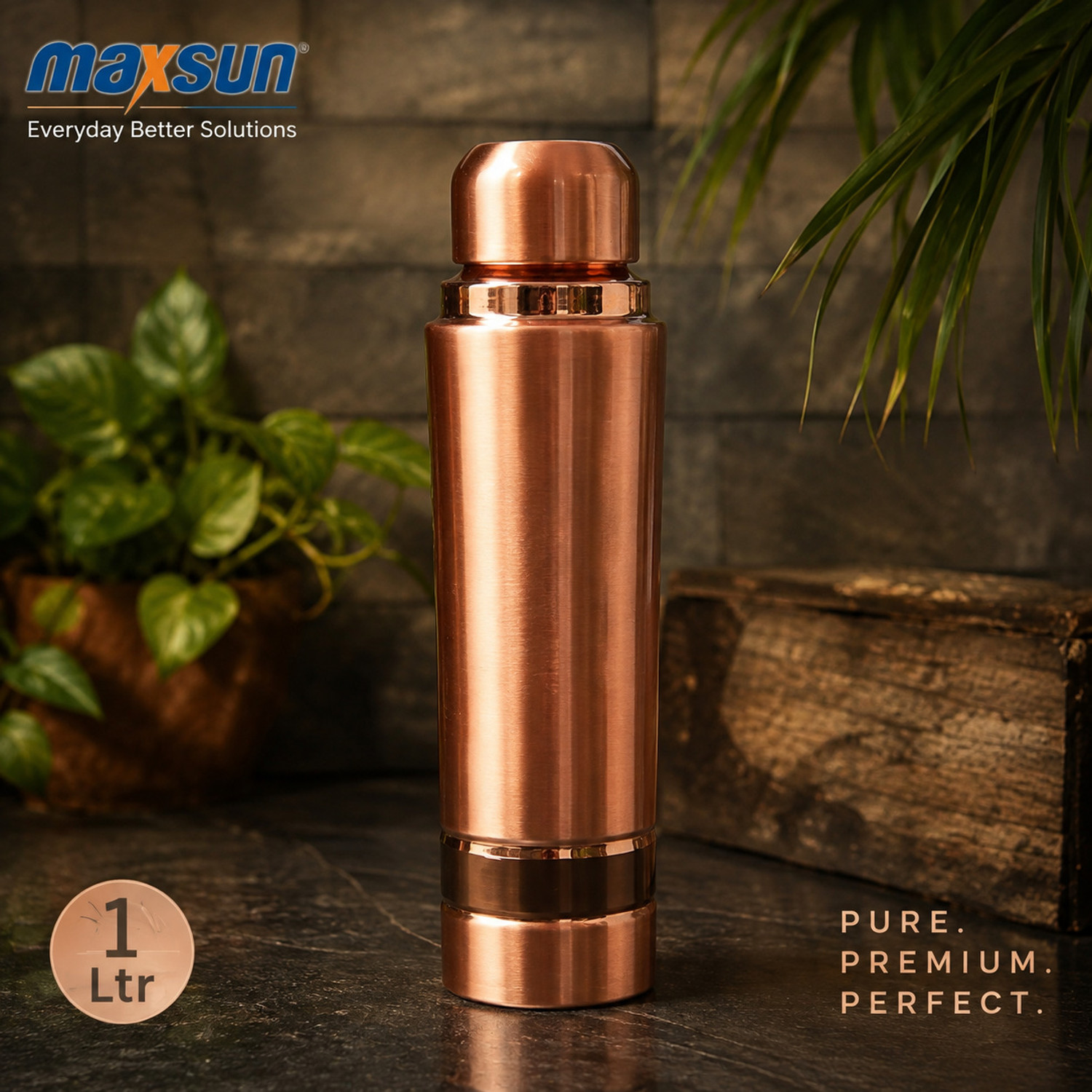 MAXSUN Copper Water Bottle 1 Litre | Premium Pure Copper Bottle for Daily Use 1000 ml Copper Bottle (Pack of 1, Copper) - Image 1