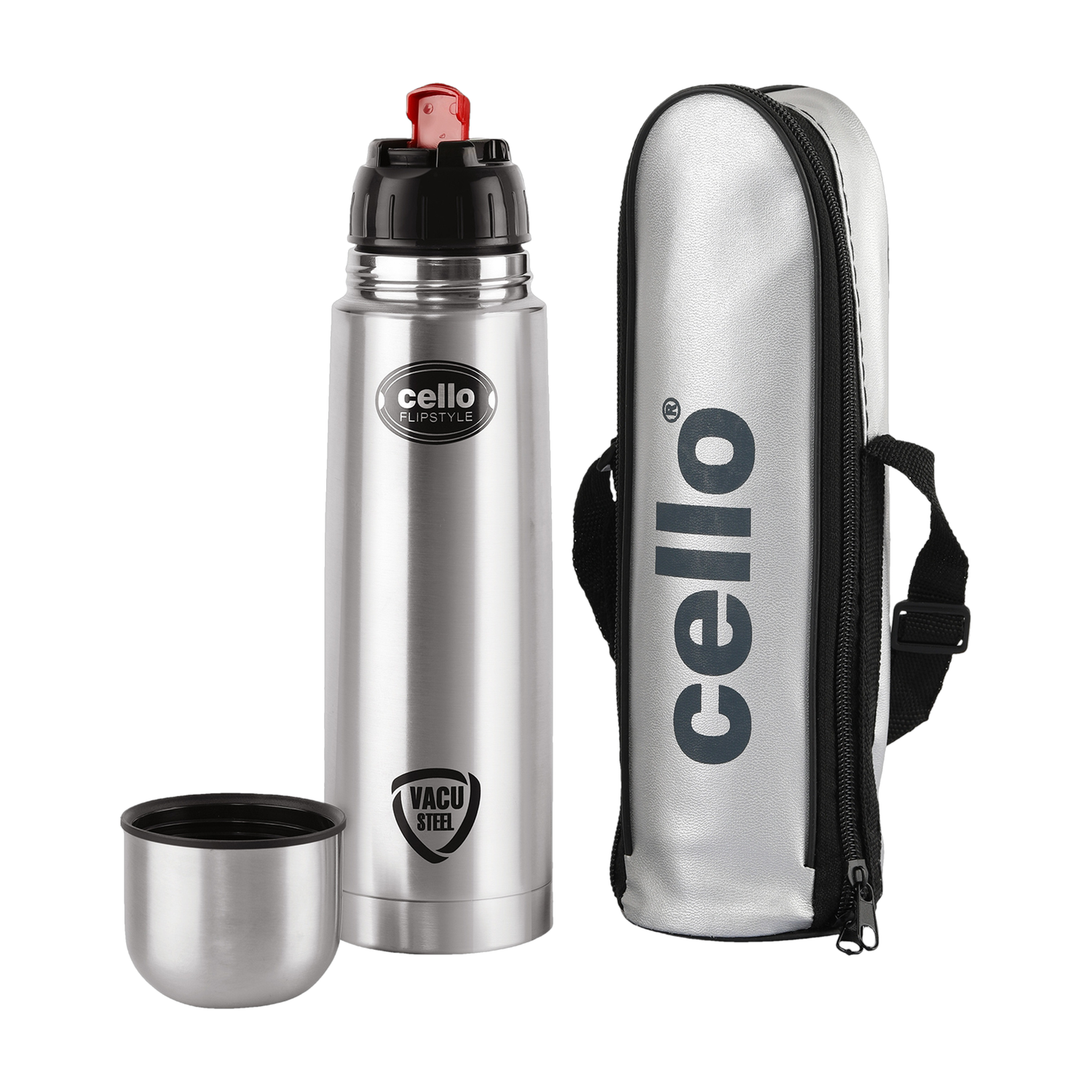 cello Flip Style with Jacket Stainless 1000 ml Stainless Steel Flask (Pack of 1, Silver, Black) - Image 1