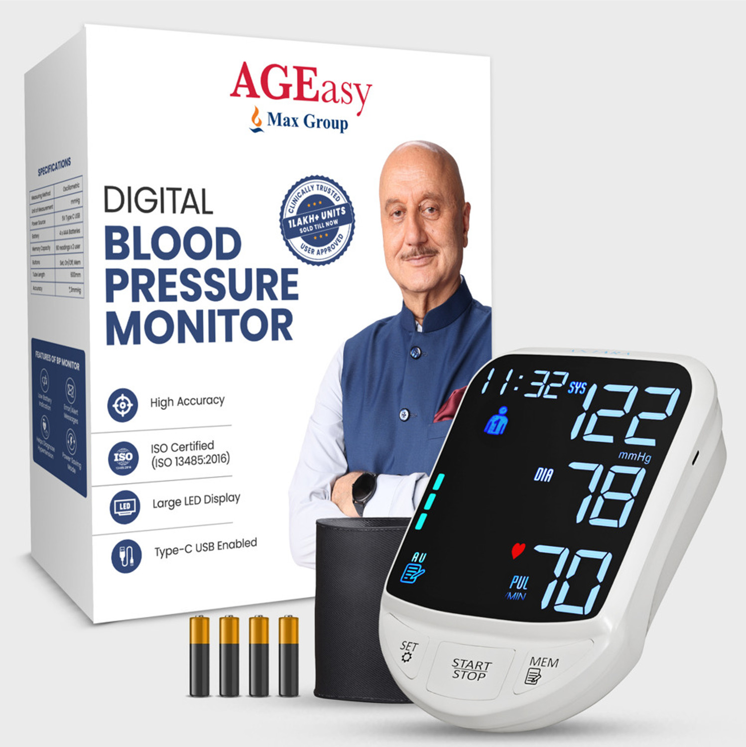 AGEasy (Max Group) Automatic Digital Blood Pressure Machine USB Type C Battery powered Bp Monitor (White) - Image 1