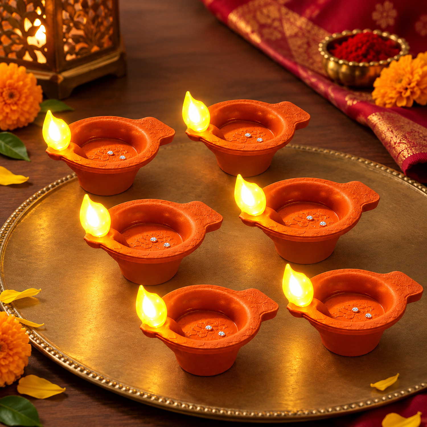 AbhiCart Tonkwalas Fancy Led Water Sensor Smokeless Diya For Diwali Home Decoration Candle (Brown, Pack of 6) - Image 1