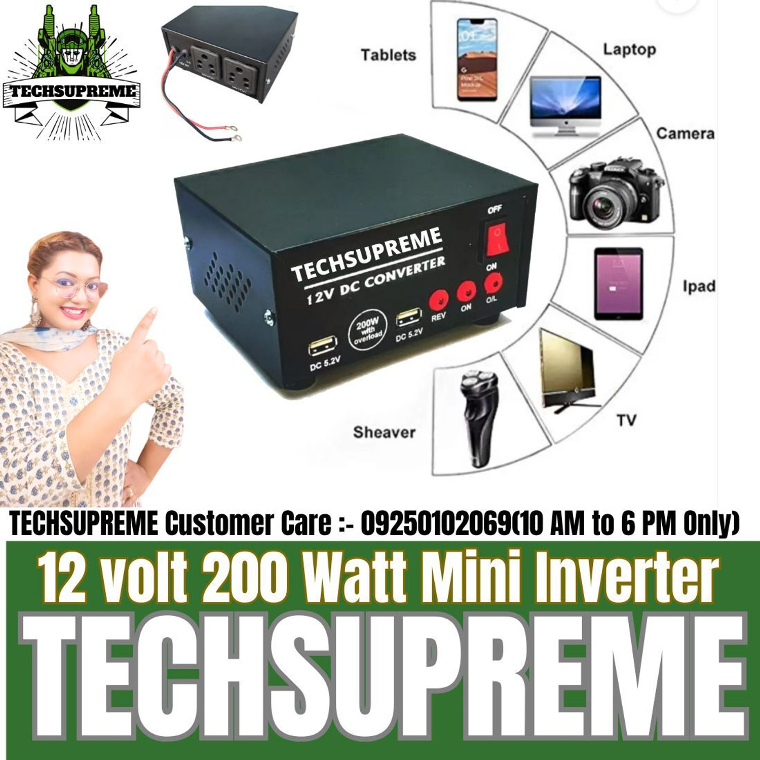 TechSupreme Mini 200W Car Inverter with 2 USB Ports - Image 1