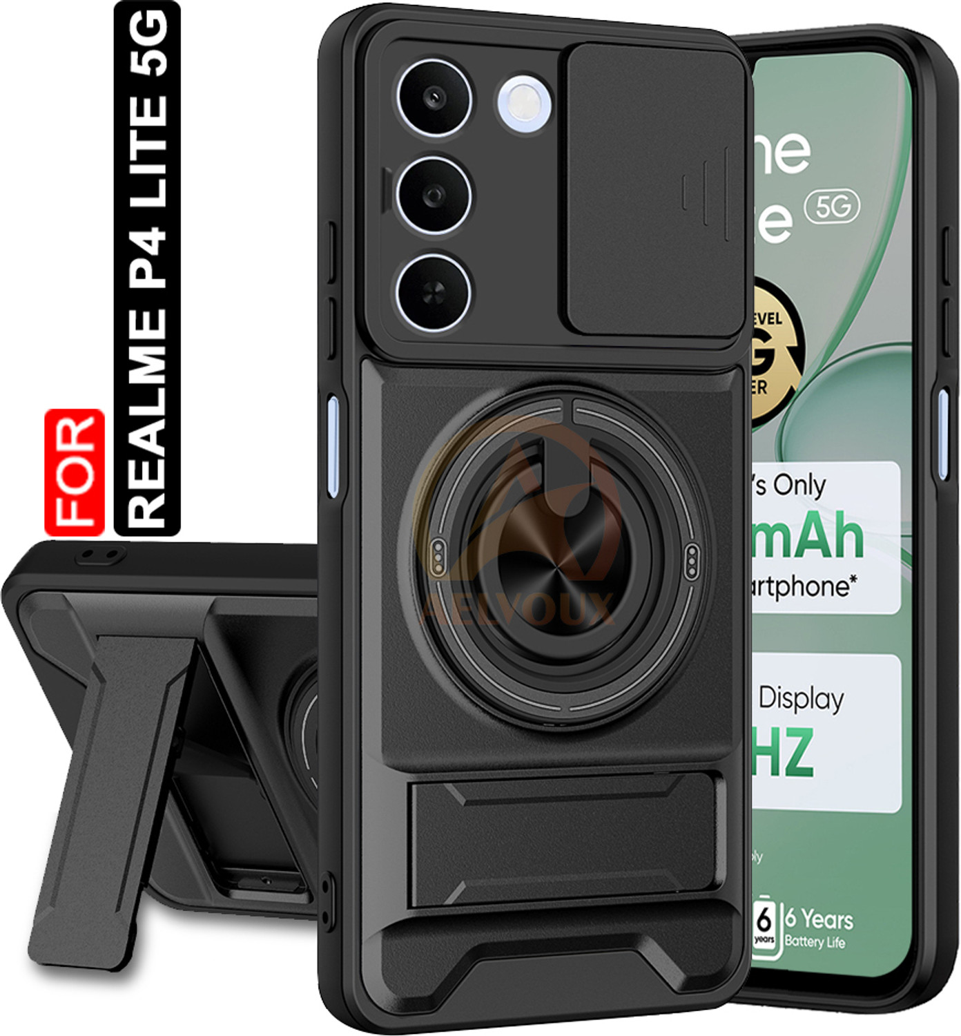 AelVouX Rugged Armor Back Cover for Realme P4 Lite 5G (Black) - Image 1