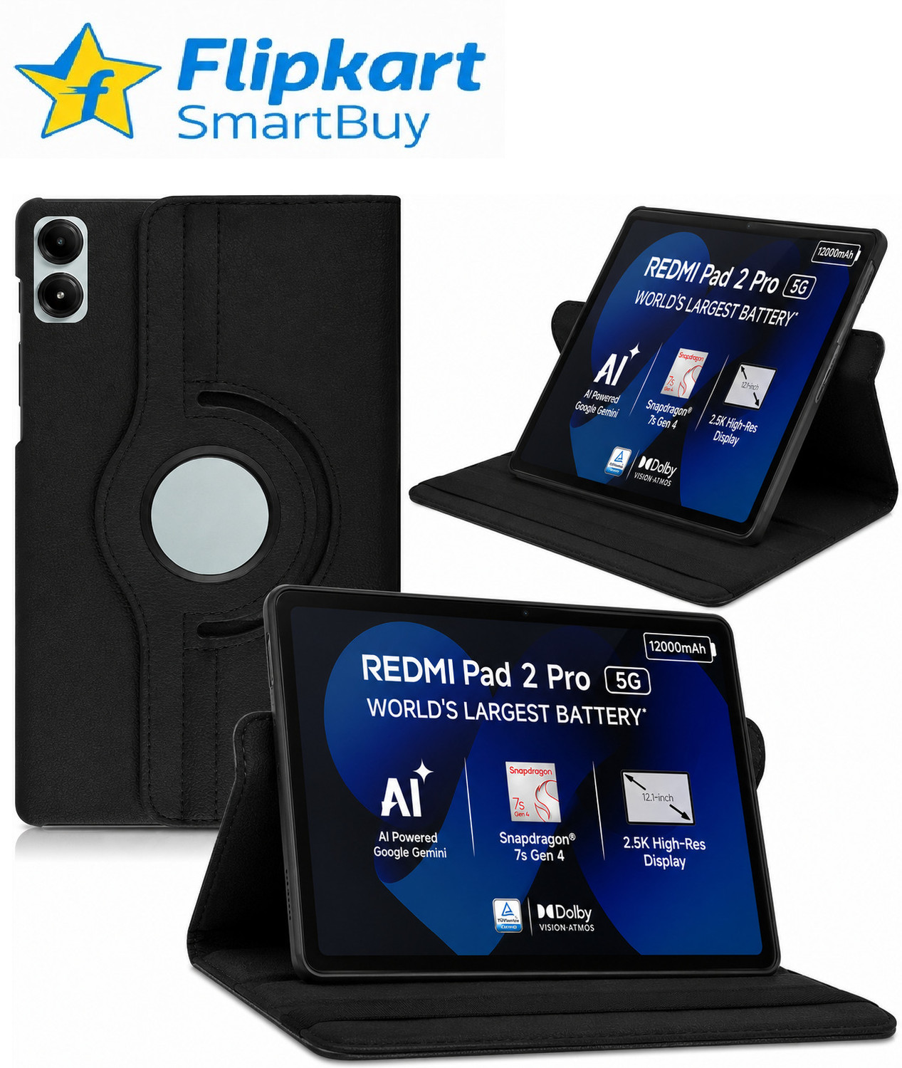 Flipkart SmartBuy Flip Cover for Redmi pad 2 pro 12.1 Tablet case Cover Perfect fit (Black, Hard Case, Leather, Pack of: 1) - Image 1