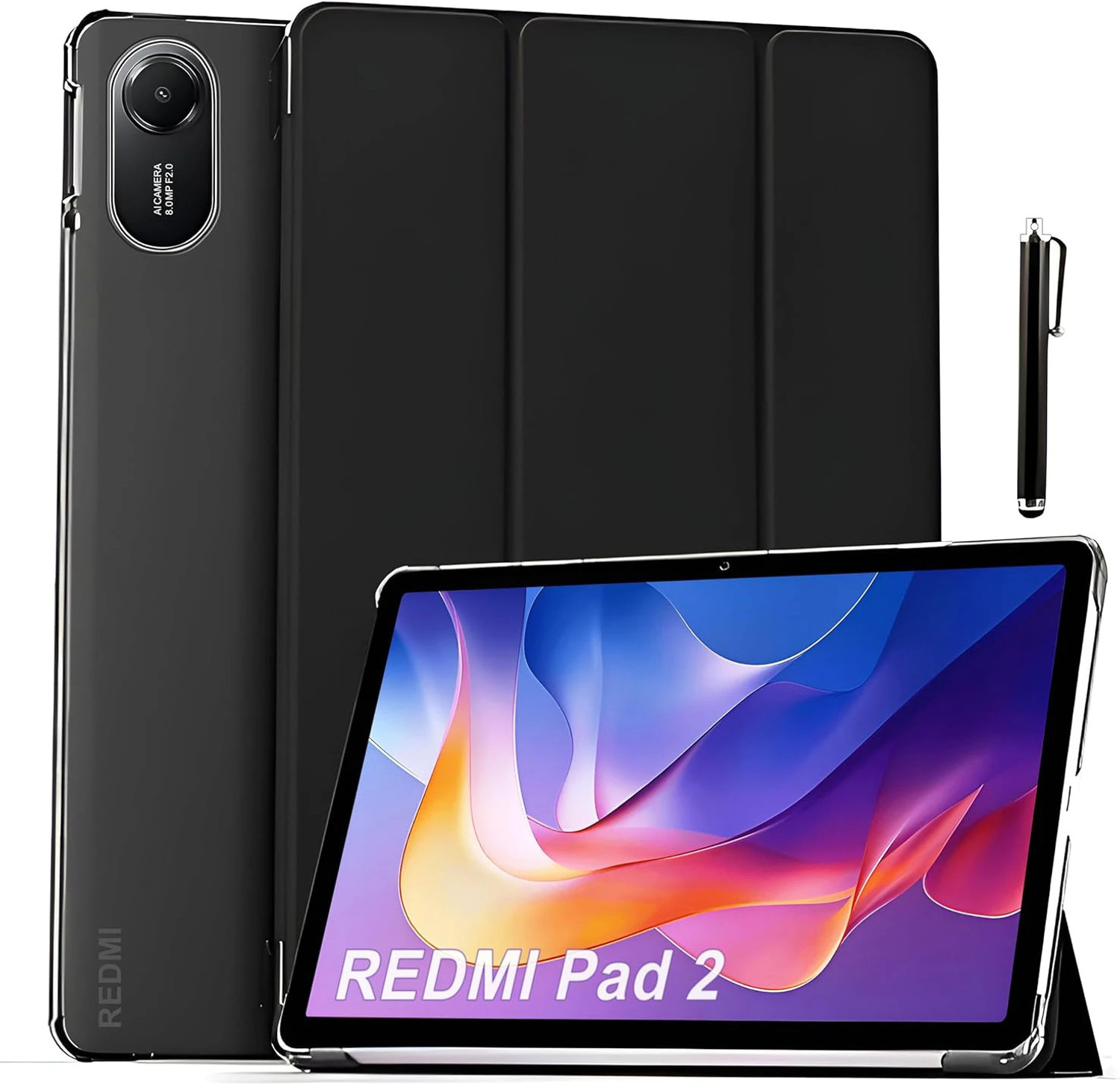Proelite Flip Cover for Xiaomi Redmi Pad 2 11 inch Cover, Smart Flip Case Cover Translucent Back with Stylus Pen (Black) - Image 1