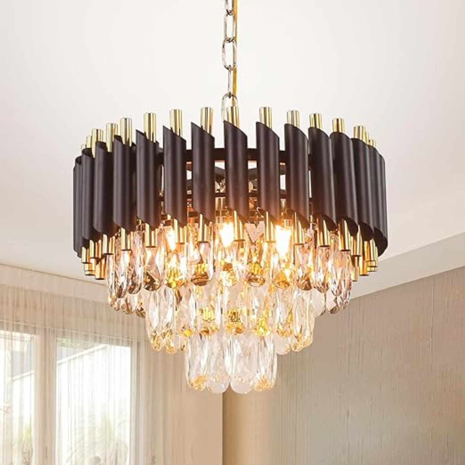 Svah Luxury 3-Tiers Crystal Chandelier 300mm Gold Finish with LED Light Black-Gold Chandelier Ceiling Lamp (Black, Gold) - Image 1