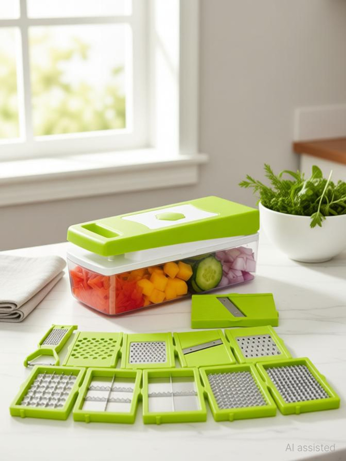 anjil Vegetable and Fruit Chopper Cutter Grater Vegetable & Fruit Slicer New 12 In 1 Vegetable & Fruit Grater & Slicer (10 BLAD, 1 CONTAINER WITH CAP, 1 PEELER) - Image 1