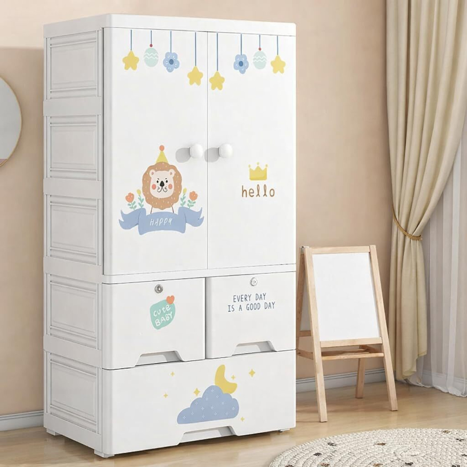 MEVIGO 1-Wardrobe 3-Drawer 3-Shelf Plastic foldable Cupboard PC Collapsible Wardrobe (Finish Color - White,Lion, DIY(Do-It-Yourself)) - Image 1