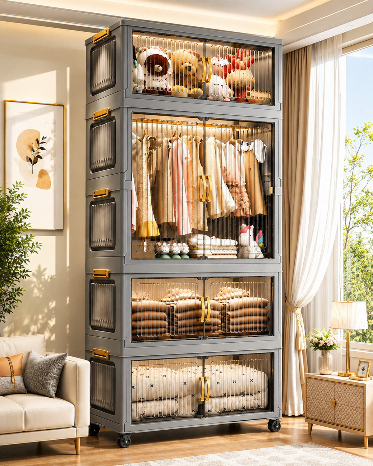 Sasimo 8-Door 4-Shelf Foldable Plastic Wardrobe, Grey - Image 1
