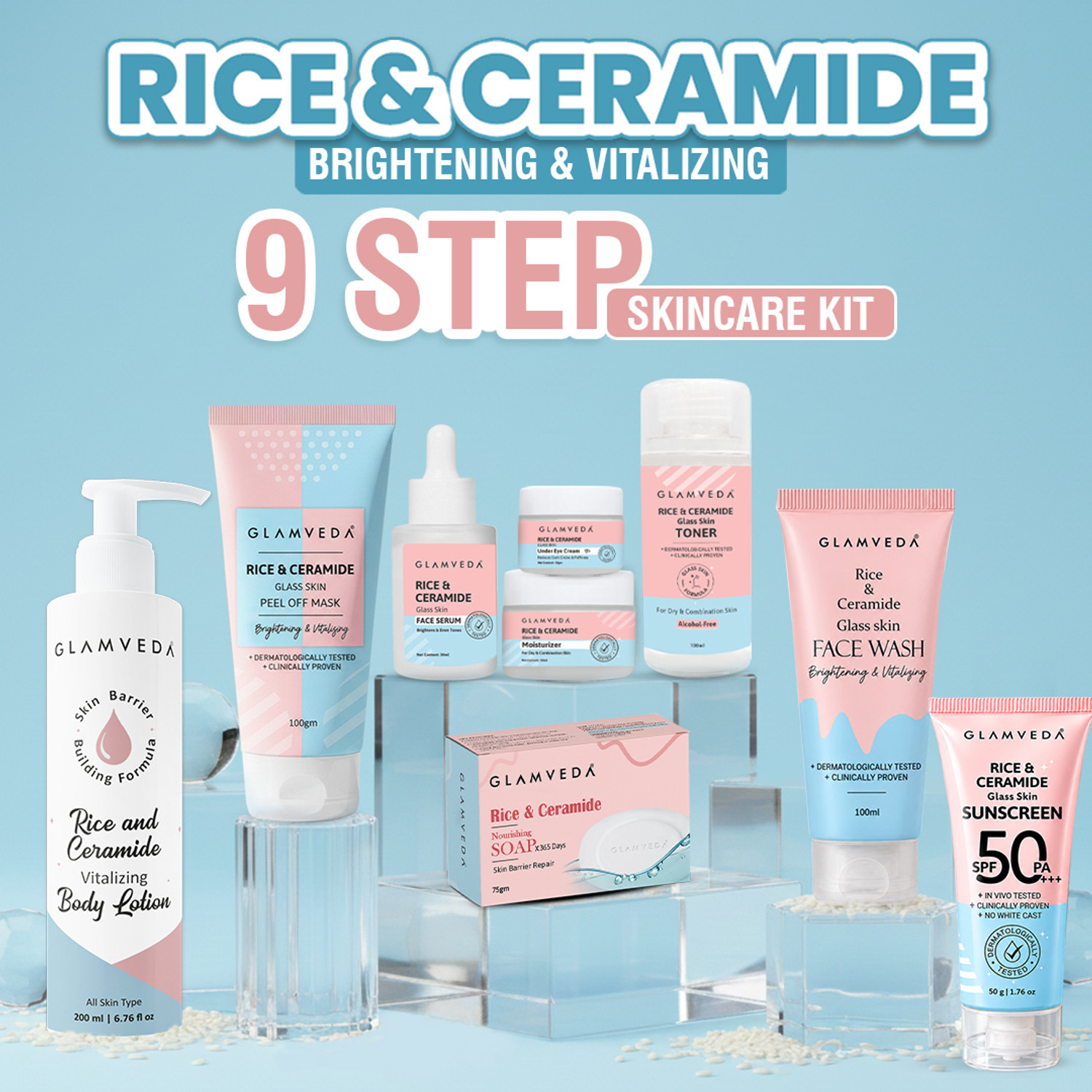 GLAMVEDA Korean Rice & Ceramide 9 Step Skincare Kit - Image 1