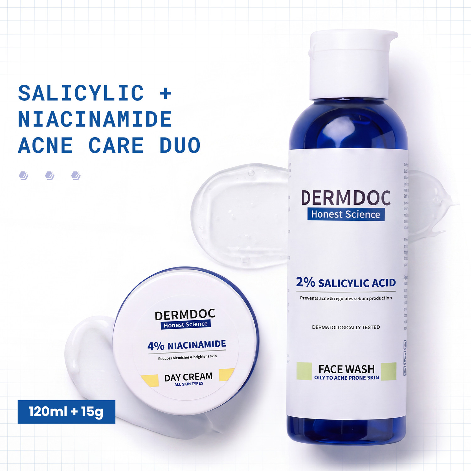 DermDoc 2% Salicylic Acid Face Wash 120ml + 4% Niacinamide Day Cream - Image 1