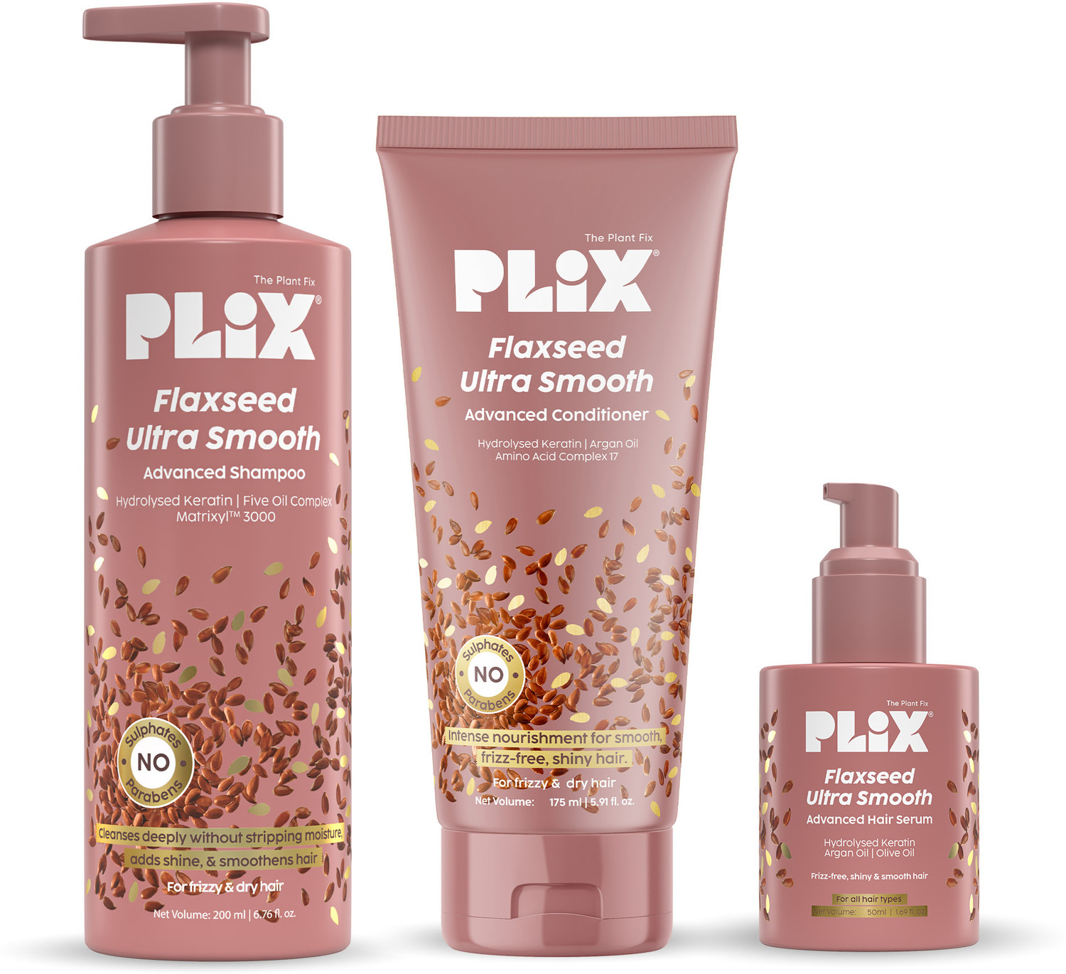 The Plant Fix Plix Flaxseed Ultra Smooth Range | Shampoo + Conditioner + Serum | Sulphate Free (3 সà§à¦à§à¦° মধà§à¦¯à§ à¦à¦à¦à§à¦®) - Image 1