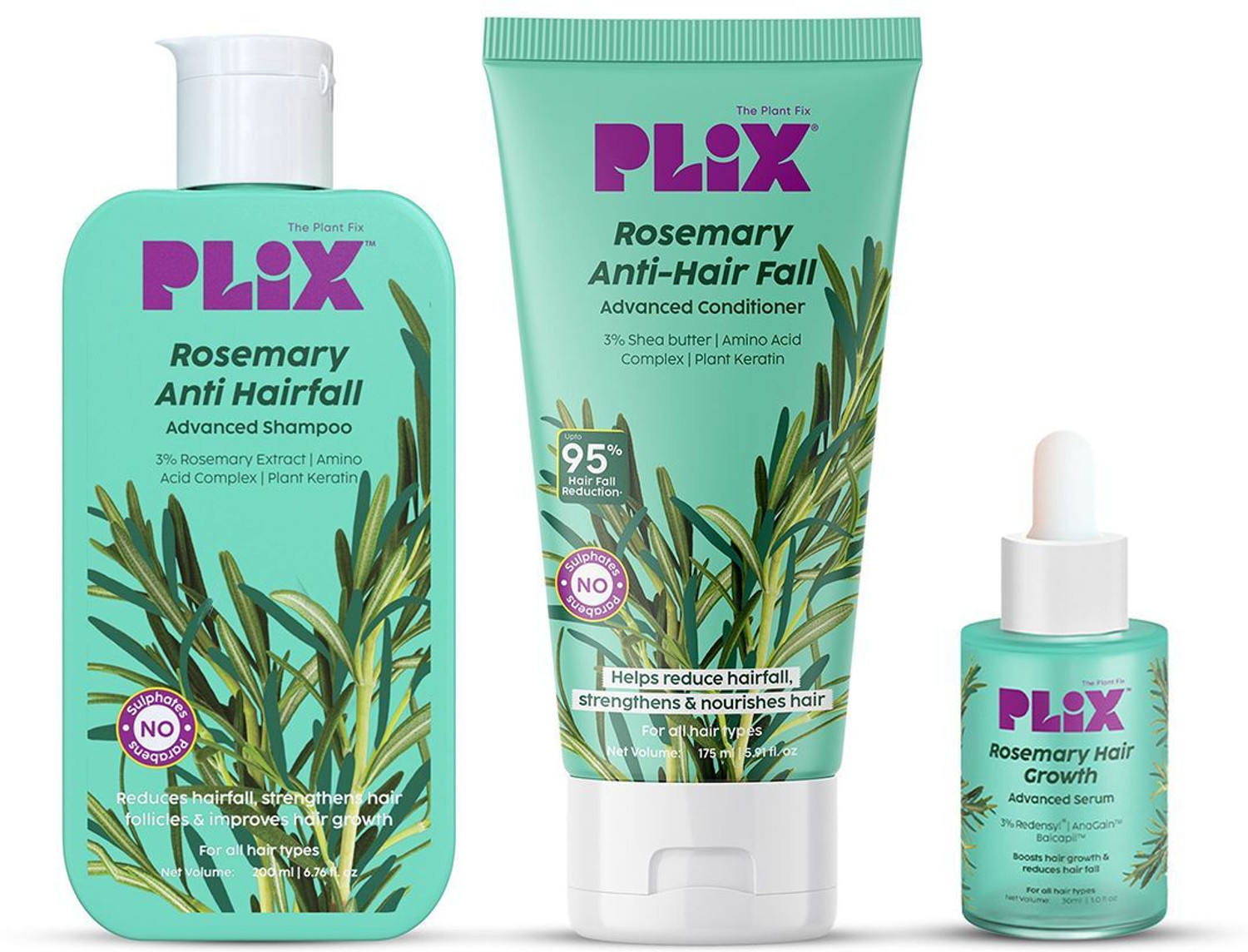 The Plant Fix Plix Rosemary Anti Hairfall Combo with 3% Redensyl Serum, Shampoo & Conditioner (3 Items in the set) - Image 1
