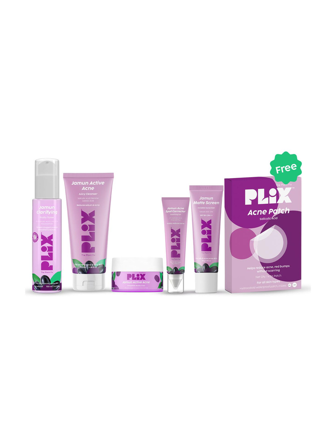 The Plant Fix Plix Jamun Acne Kit, Toner, Facewash, Moisturizer, Gel & Sunscreen (FREE Acne Patch) Price in India - Image 1
