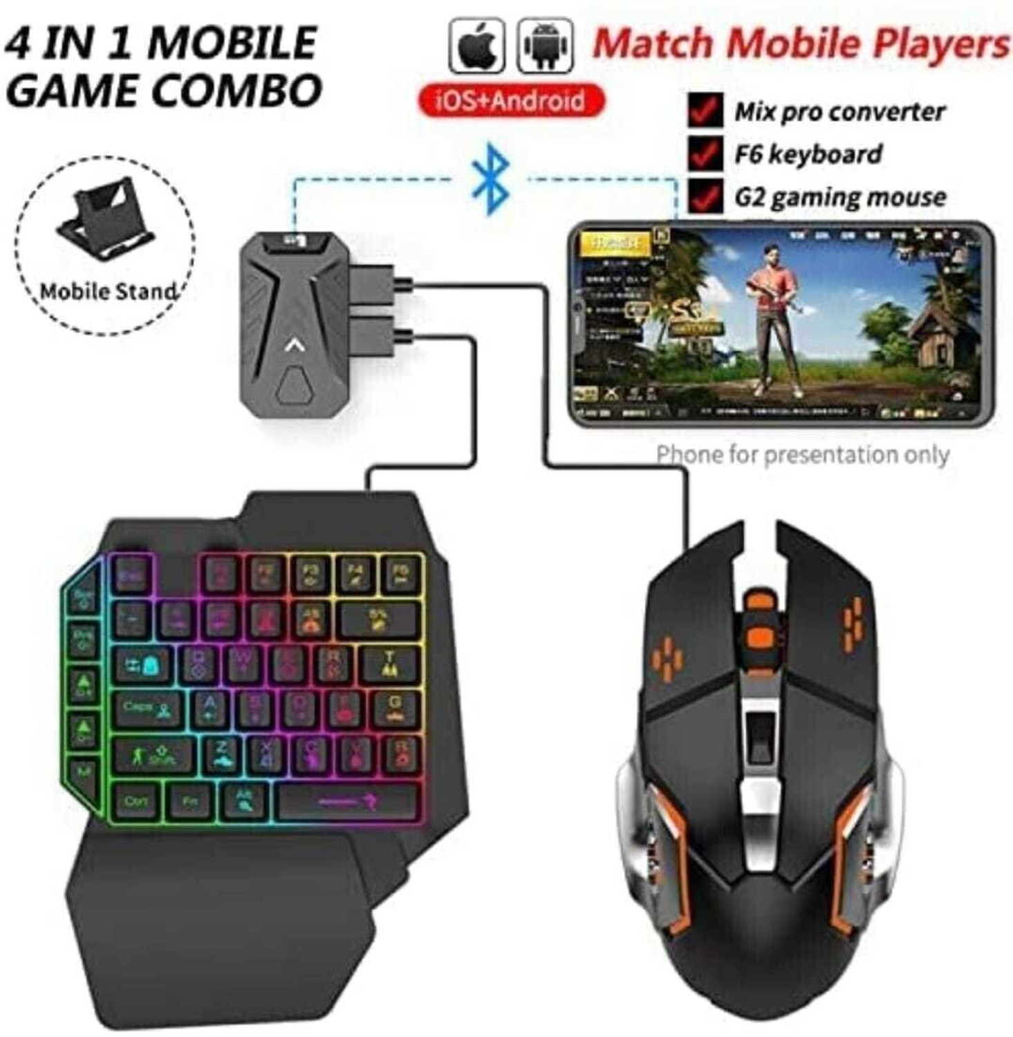 Confiavel Bluetooth Gaming Keyboard Mouse Convertor For Smartphone 4 in 1 Mobile Game Combo Set Designed for Gaming (Black) - Image 1