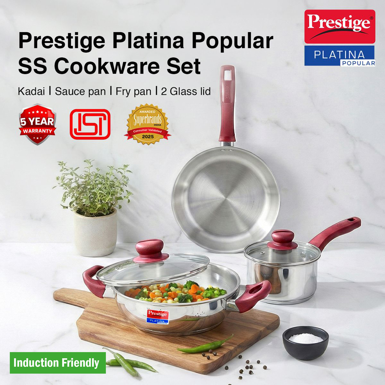 Prestige Platina Popular Induction Bottom Cookware Set, 3-Piece - Image 1