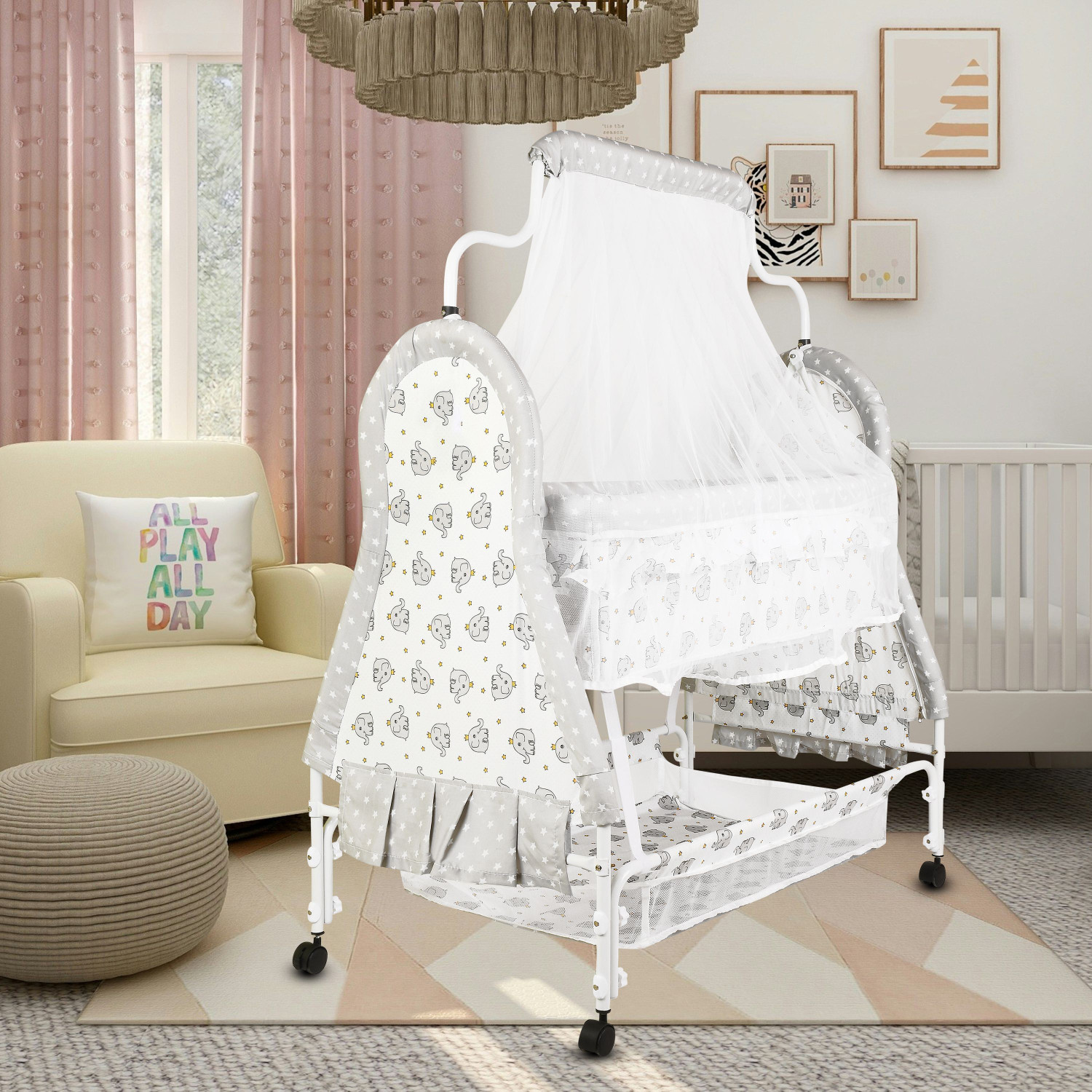 CREW4 Cradle for kids cradle for baby boy and girl Cradle With Swing & Mosquito Net (Silver, Grey) - Image 1
