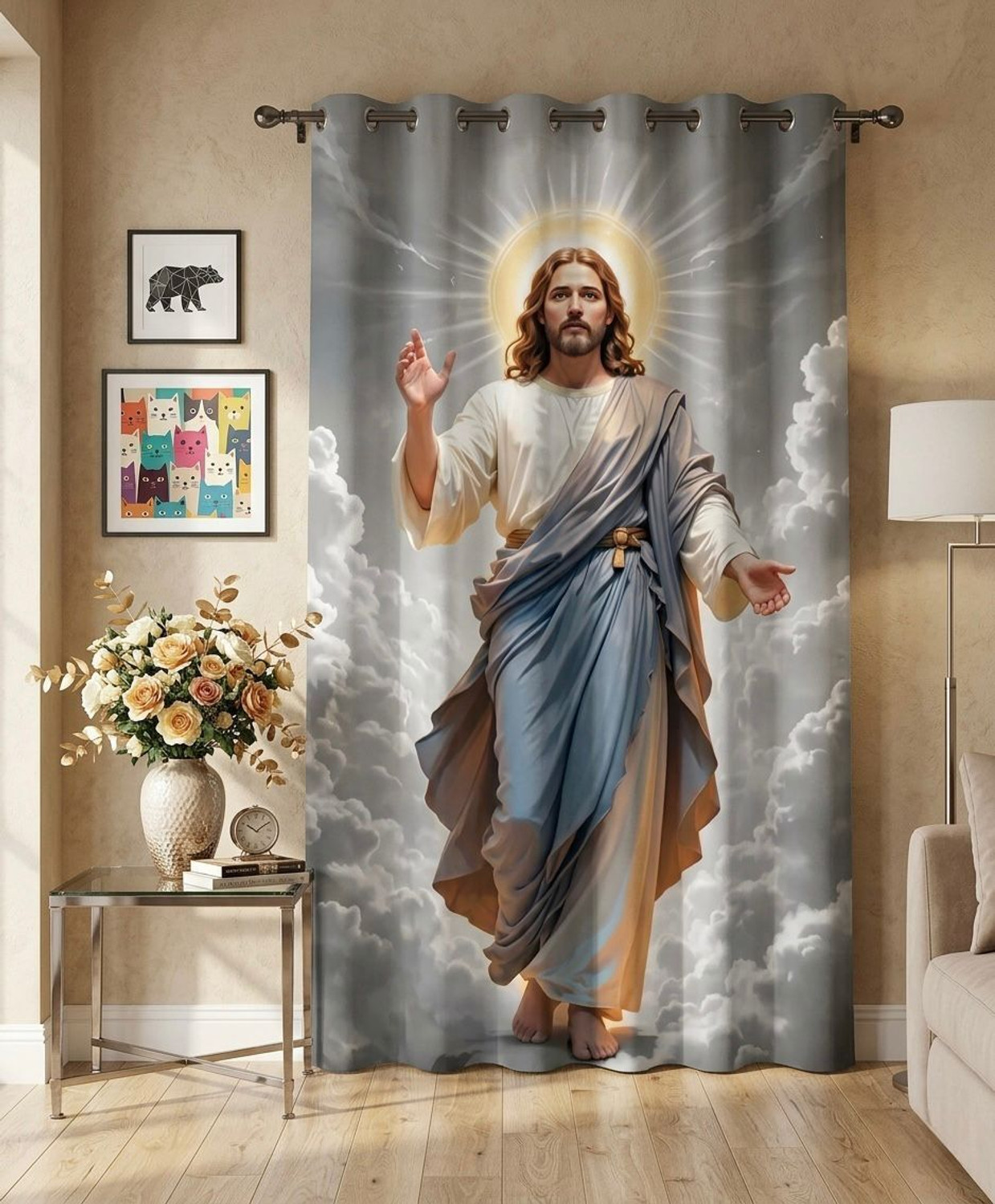 prime verse enterprises 214 cm (7 ft) Door Polyester Semi Transparent Curtain Single Curtain (Divine Jesus, Printed) - Image 1
