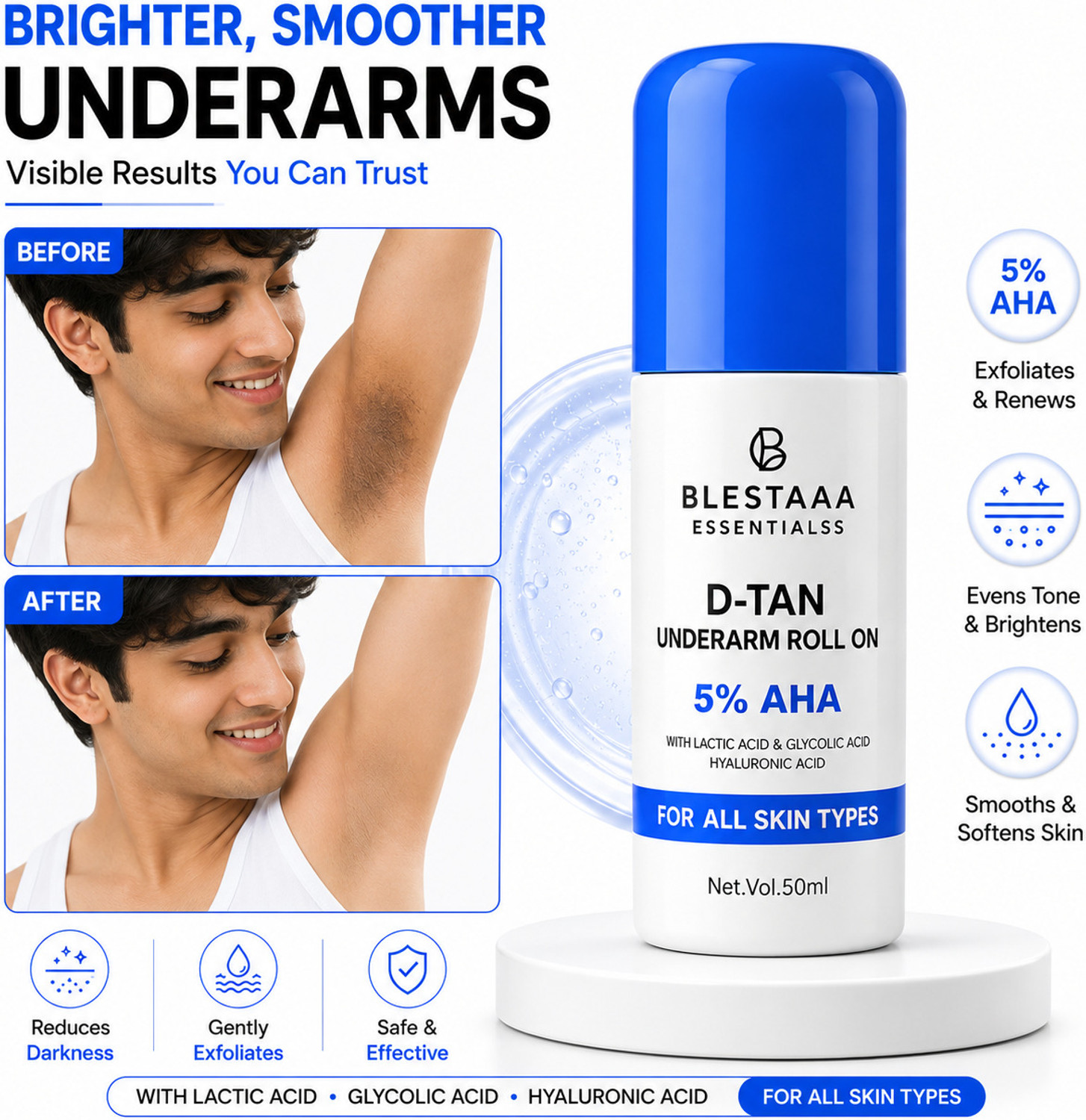 blestaaa essentialss Advanced 5% AHA BHA Formula for Brighter and Smoother Underarm Skin Deodorant Roll-on - For Men & Women (50 ml) - Image 1