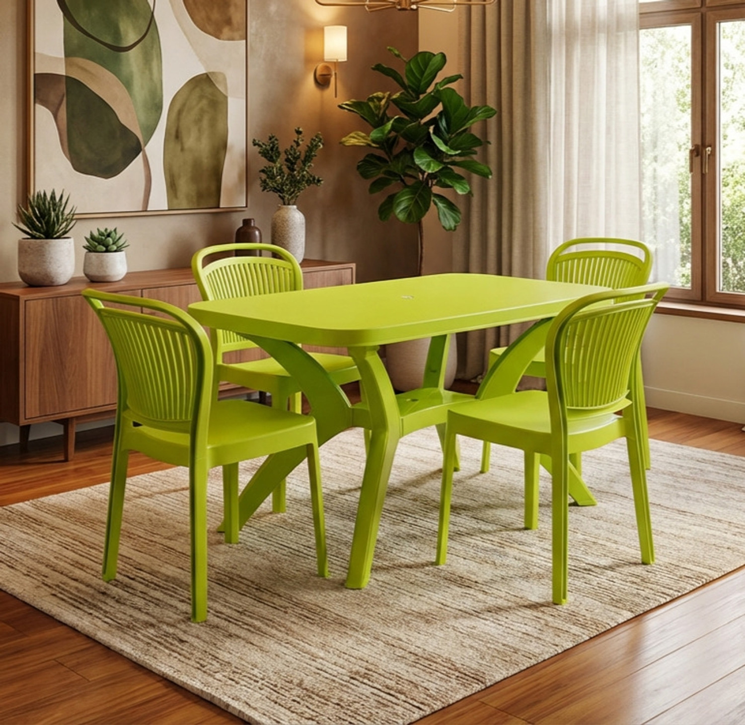 TrendyLivings 4 Seater Plastic Dining Table Set, Green - Image 1