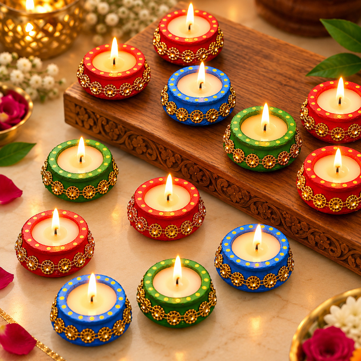 TIED RIBBONS Diwali Matki Wax Candle Clay Diya Set (Pack of 12) - Image 1