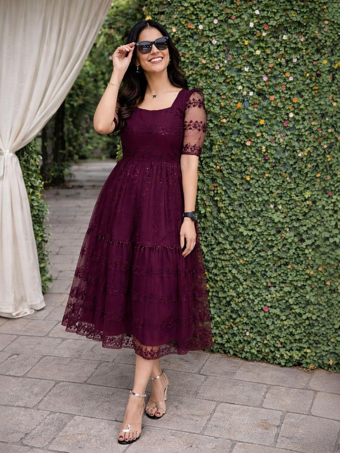 Tantukriti Women Fit and Flare Maroon Midi/Calf Length Dress - Image 1