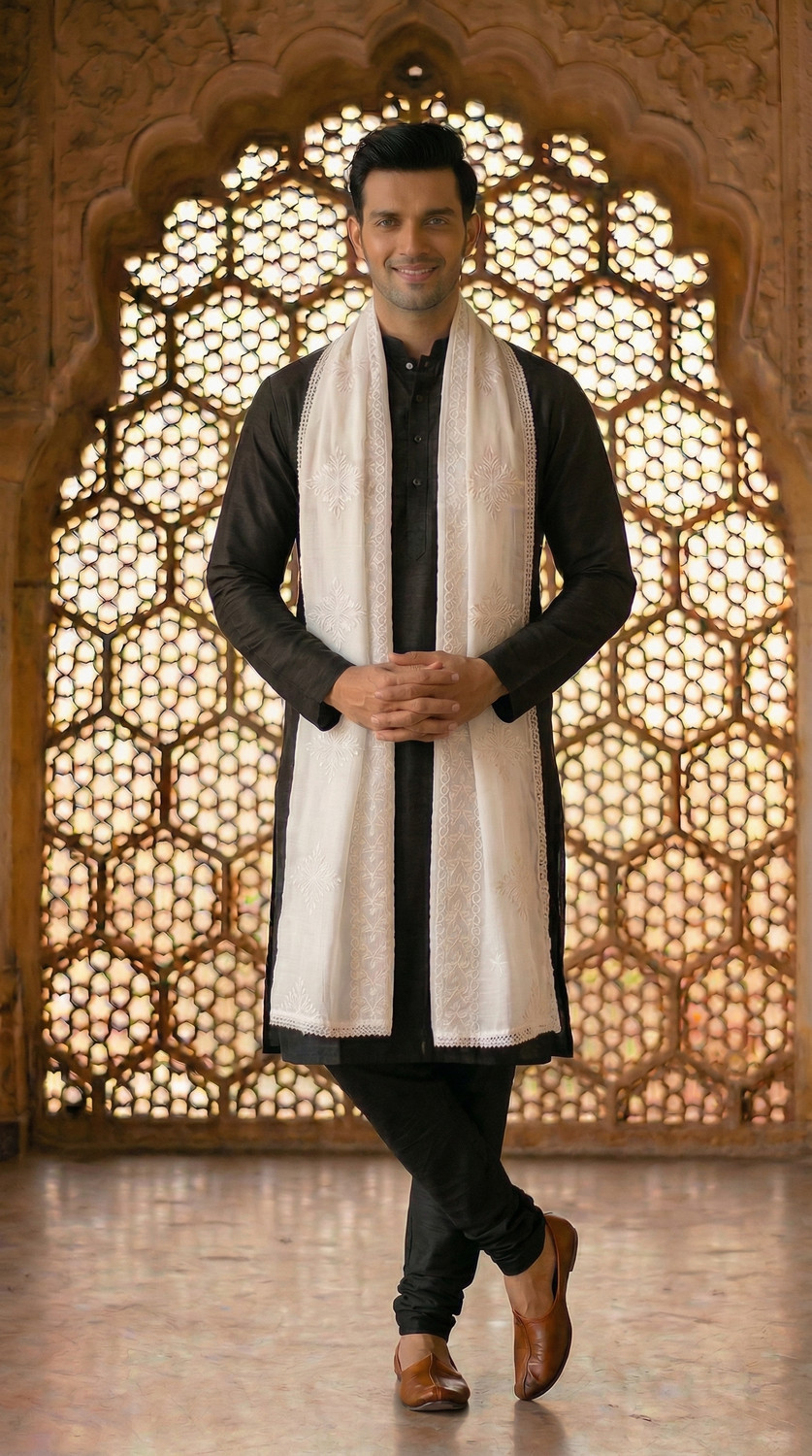 Zamour Pure Cotton Embroidered White Men Dupatta - Image 1