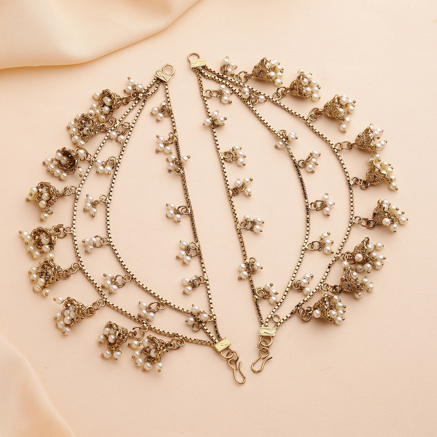 ZENEME Gold Plated Jhumki Pearl Ear Chain Drops - Image 1