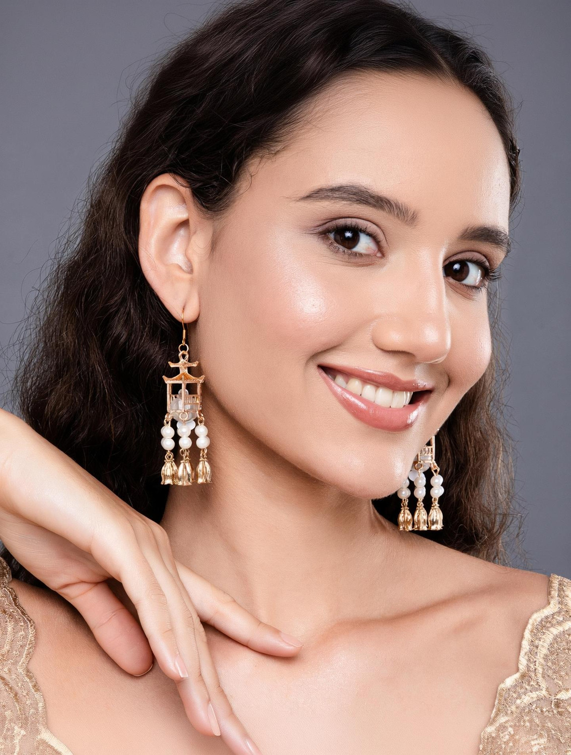 Salty Women Traditional Lantern Pearl Tassel Jhumki Earrings (White) - Image 1