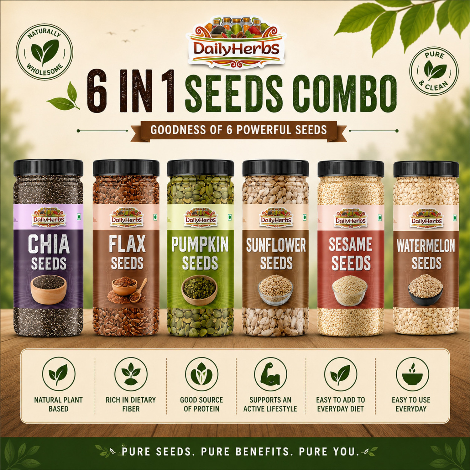 DAILYHERBS Raw Seeds Combo Pack Of 6 (200G Each) for Weight Loss with Omega-3 & Fiber Rich Chia Seeds, Pumpkin Seeds, Sunflower Seeds, Brown Flax Seeds, Sesame Seeds, Watermelon Seeds (6 x 200 g) - Image 1