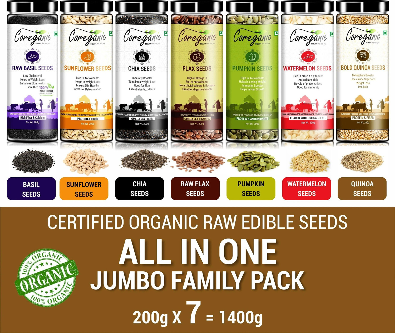 Coreganic Raw Edible Seeds Family Value Pack (7 x 200g) - Image 1