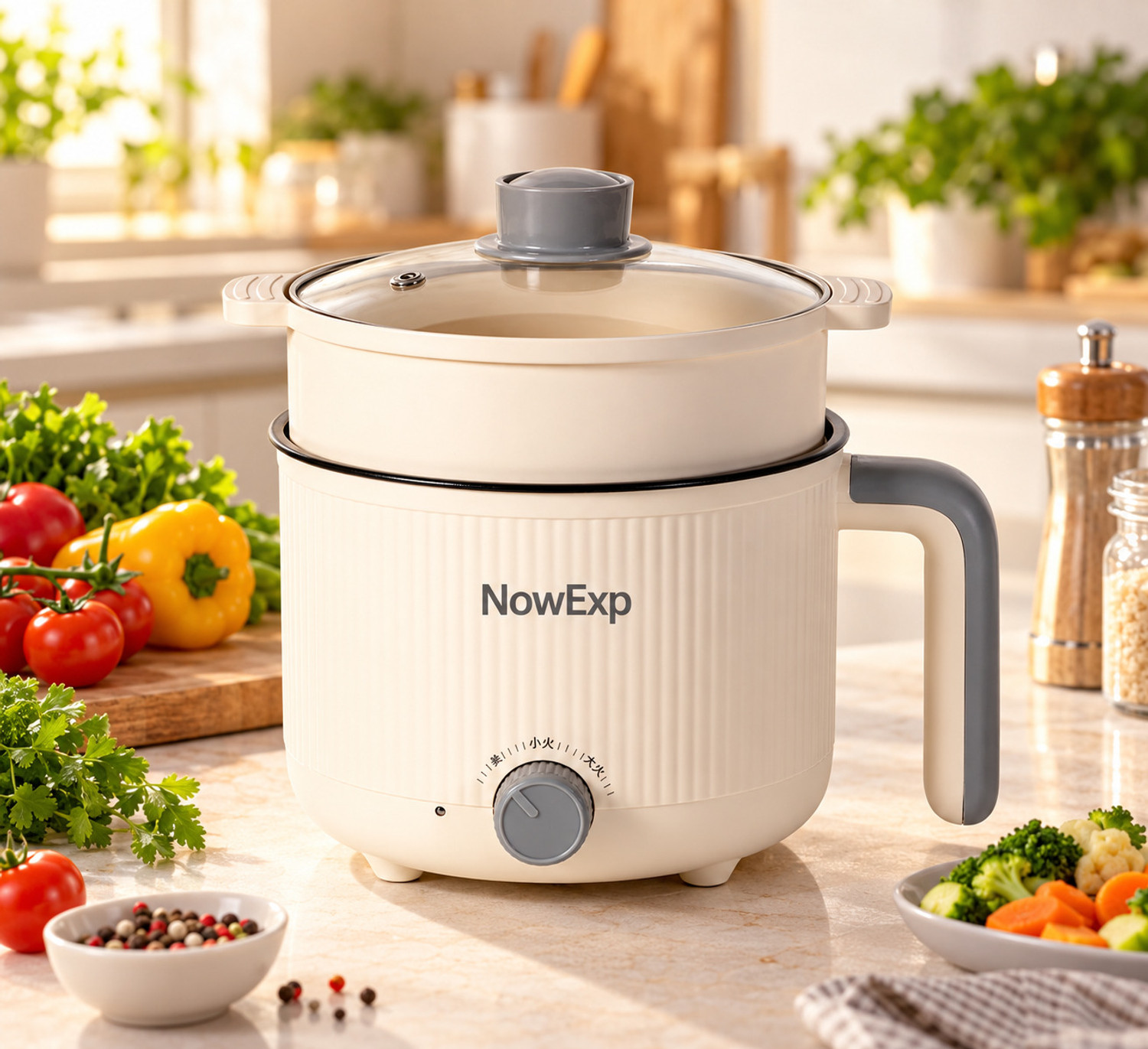 NowExp GENGXING Electric Cooker / Multi-Functional Hot Pot with Steamer Air Fryer, Egg Boiler, Deep Fryer, Food Steamer, Rice Cooker, Travel Cooker, Egg Roll Maker (1.5 L, Cream, greay) - Image 1