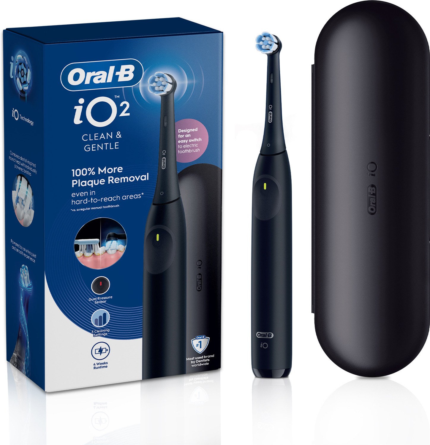 Oral-B iO2 Gentle Clean Electric Toothbrush, 3 Cleaning Modes, With Travel Case, Black Electric Toothbrush (Black) - Image 1