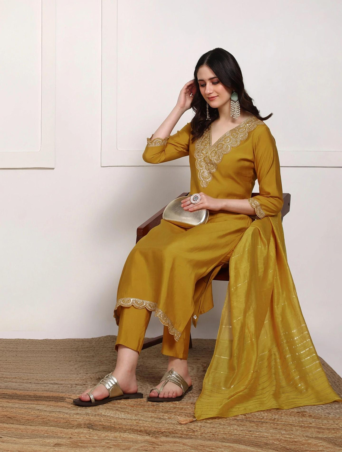 New Ethnic 4 You Women Pure Silk Kurti Pant Dupatta Set - Image 1
