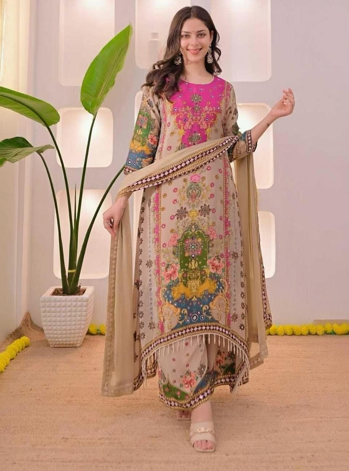 MISHNEE FASHION Women Muslin Kurti Palazzo Dupatta Set - Image 1